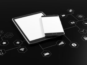 Smartphone, tablet with blank screen on black background with app icons. 3d illustration