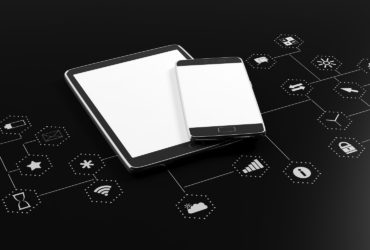 Smartphone, tablet with blank screen on black background with app icons. 3d illustration